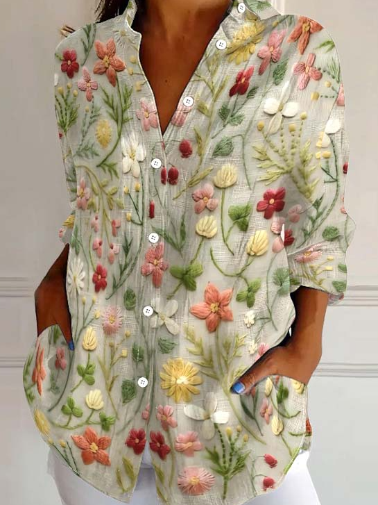 Women's Embroidered Floral Pattern Linen Blend Street Shirt