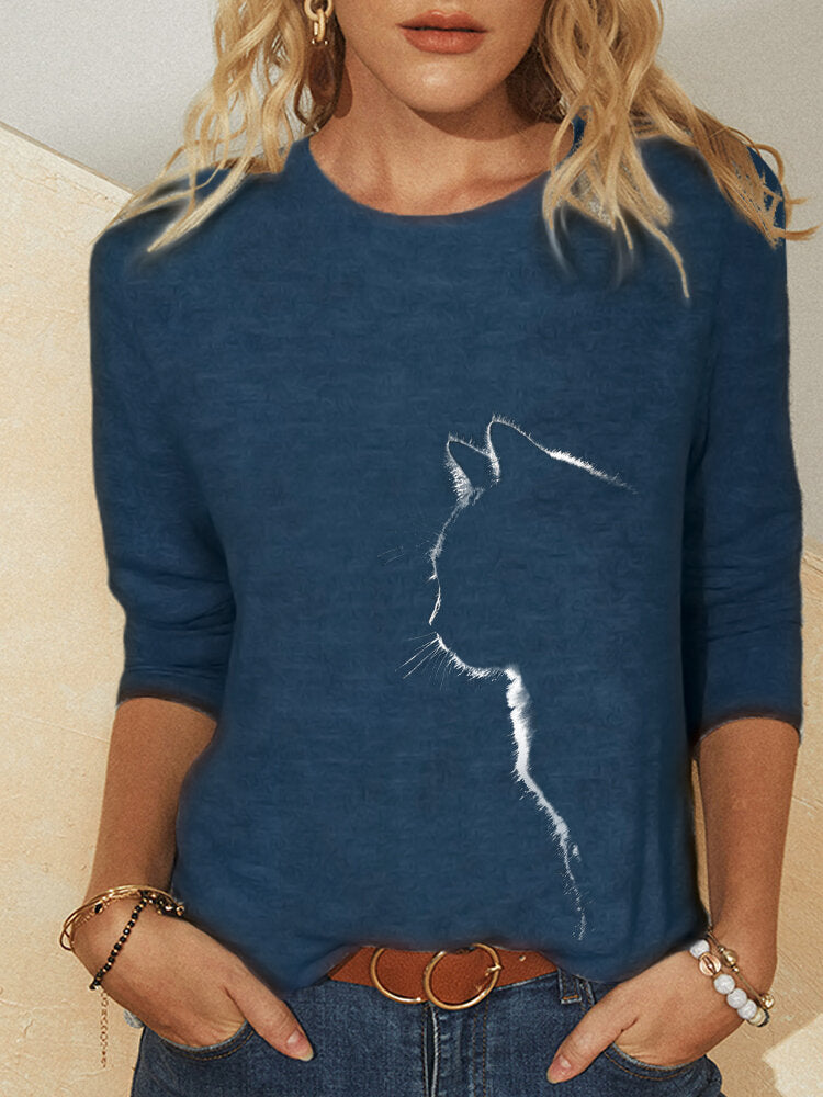 Women's Knitted Leisure Long-sleeved Animal Print Round Neck Casual T-shirt