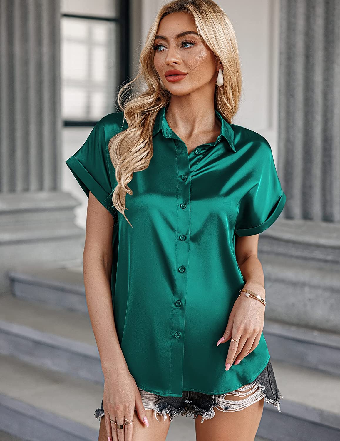 Silk Blouse for Women Short Sleeve Satin Button Down Shirts Casual Loose V-Neck Business Work Tunic Top - Zeagoo (Us Only)