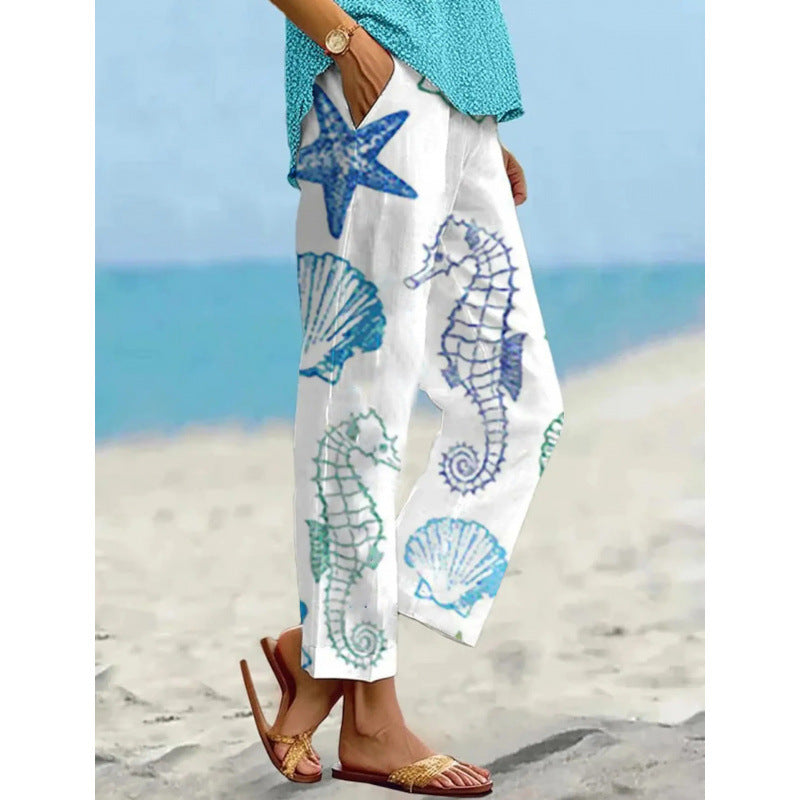 Women’s Sea Turtle Print Linen Pants – Relaxed Fit Beach Trousers with Pockets