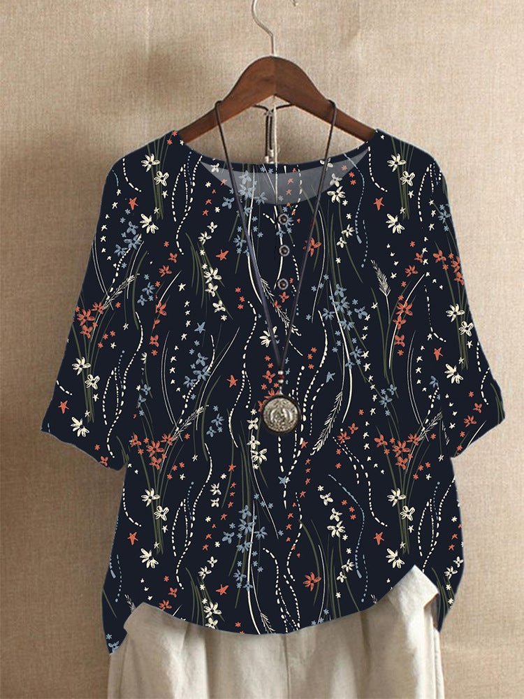 Women's Round Neck Loose Striped Button Top