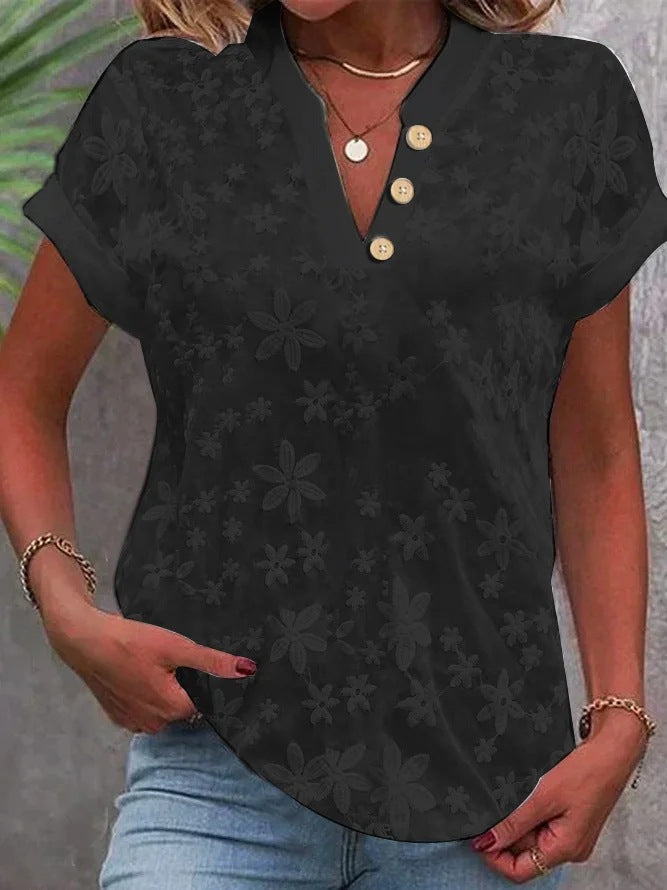 Women's V-Neck Floral Print Short Sleeve Blouse – Casual Summer Tops for Women | Loose Fit Plus Size (S–2XL)