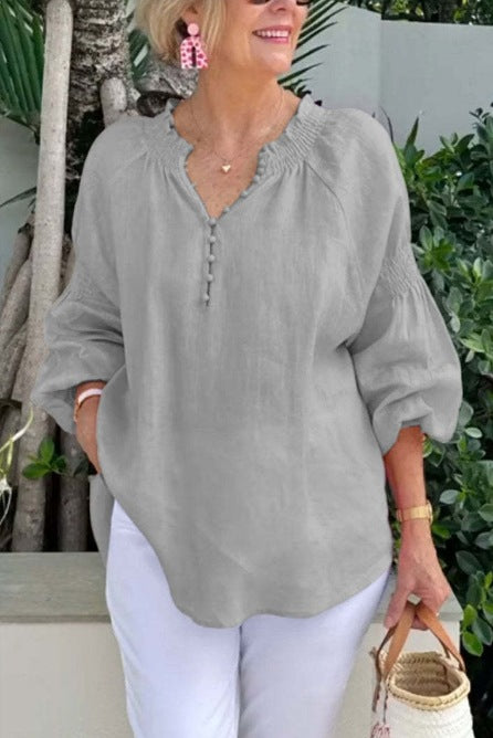 2025 Ladies Casual V-neck Solid Color Cotton and Linen Long Sleeve Top