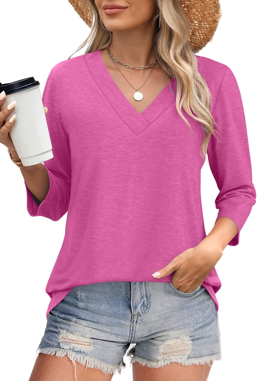 Women's V Neck 3/4 Long Sleeve  Loose Fit  Tops