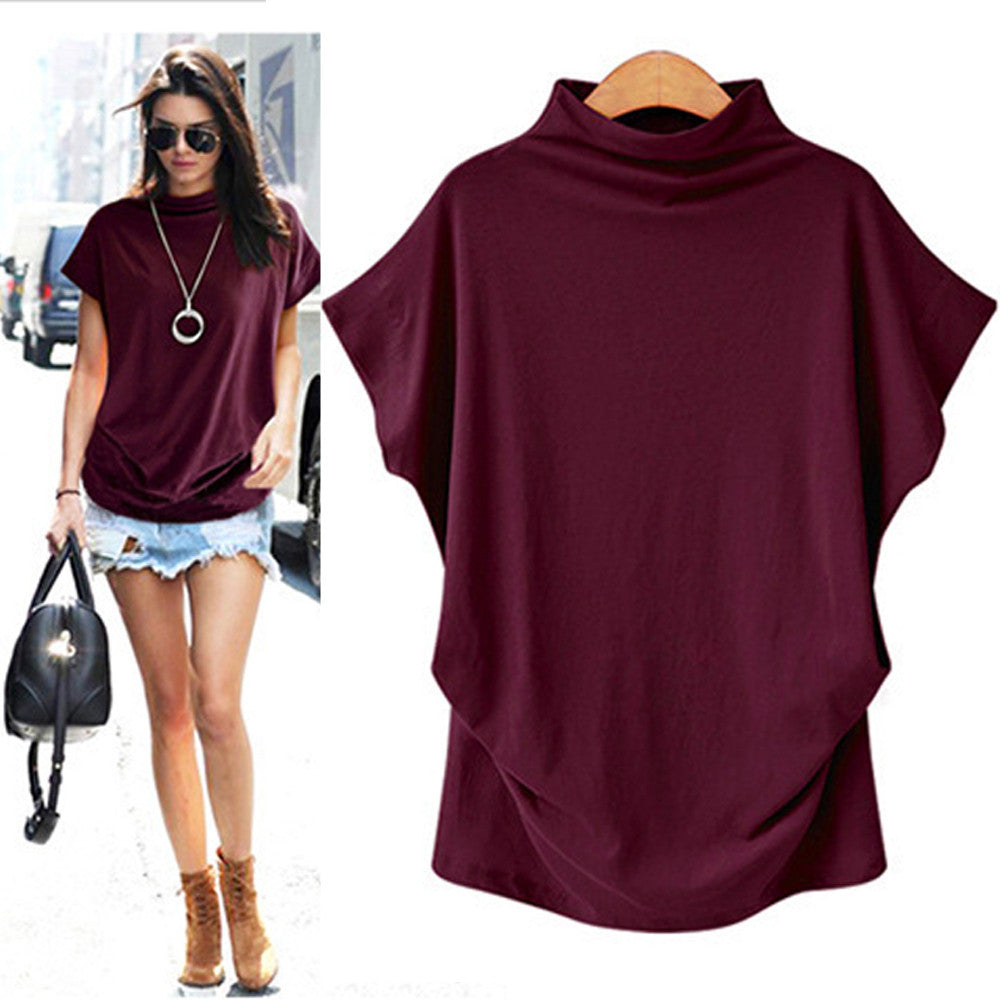 Temperament Commute Large Size Women's Half Turtleneck Batwing Sleeve Solid Color Polyester Top