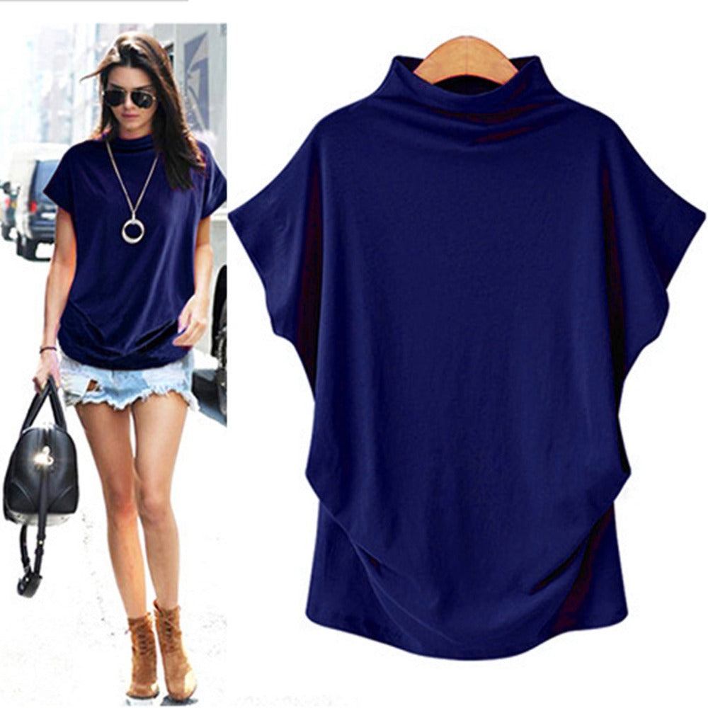 Temperament Commute Large Size Women's Half Turtleneck Batwing Sleeve Solid Color Polyester Top