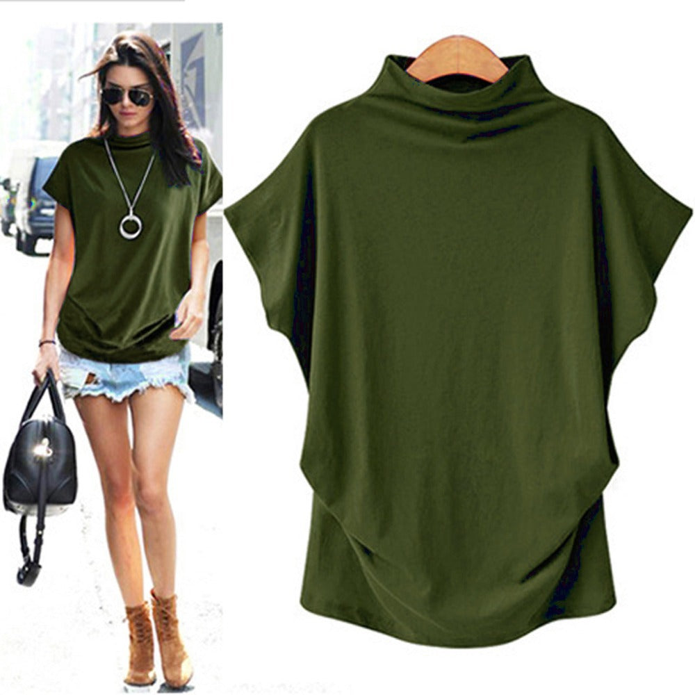 Temperament Commute Large Size Women's Half Turtleneck Batwing Sleeve Solid Color Polyester Top