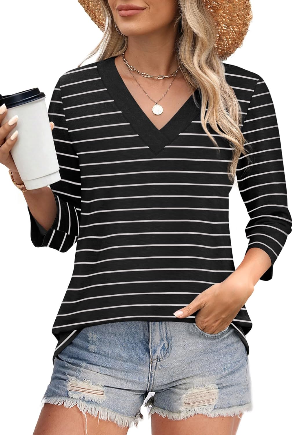 Women's V Neck 3/4 Long Sleeve  Loose Fit  Tops