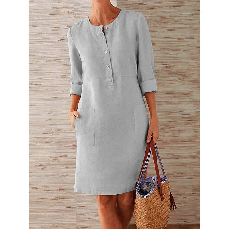 2026 Cross-Border Spring New Aliexpress Big Size Women'S Clothing Cotton And Line Round Neck Long Sleeve Dress