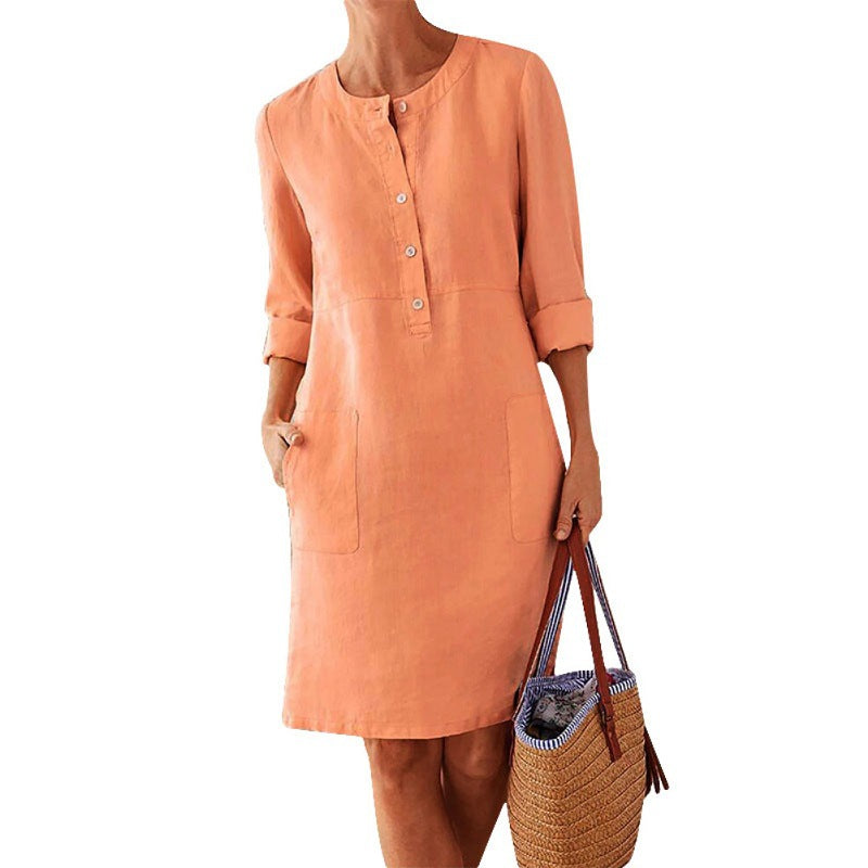 2026 Cross-Border Spring New Aliexpress Big Size Women'S Clothing Cotton And Line Round Neck Long Sleeve Dress