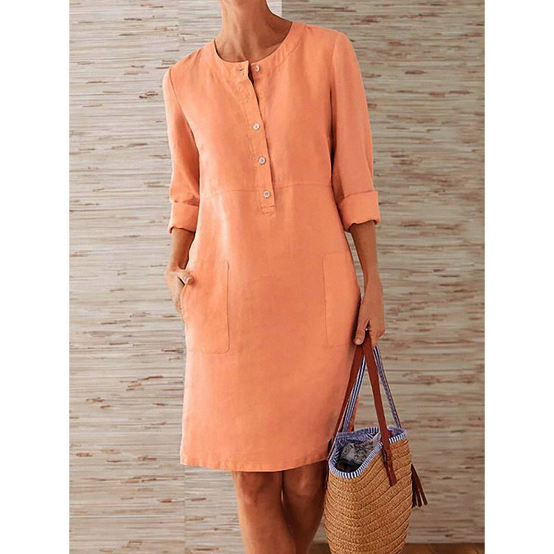 2026 Cross-Border Spring New Aliexpress Big Size Women'S Clothing Cotton And Line Round Neck Long Sleeve Dress