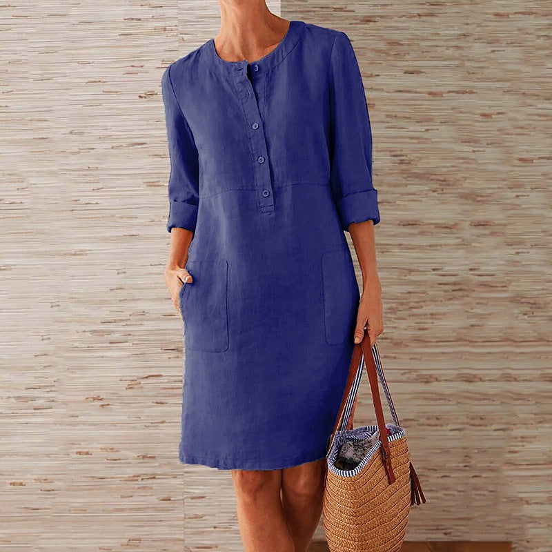 2026 Cross-Border Spring New Aliexpress Big Size Women'S Clothing Cotton And Line Round Neck Long Sleeve Dress