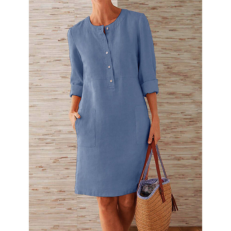 2026 Cross-Border Spring New Aliexpress Big Size Women'S Clothing Cotton And Line Round Neck Long Sleeve Dress