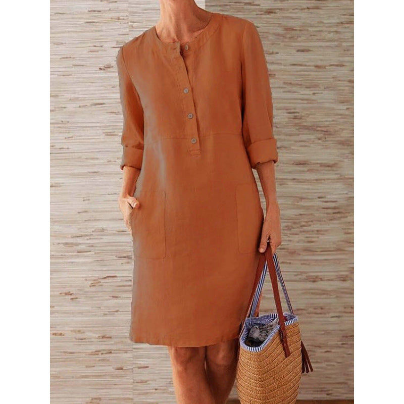 2026 Cross-Border Spring New Aliexpress Big Size Women'S Clothing Cotton And Line Round Neck Long Sleeve Dress