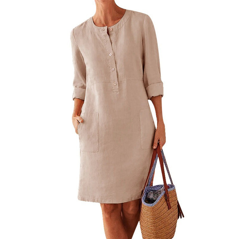 2026 Cross-Border Spring New Aliexpress Big Size Women'S Clothing Cotton And Line Round Neck Long Sleeve Dress