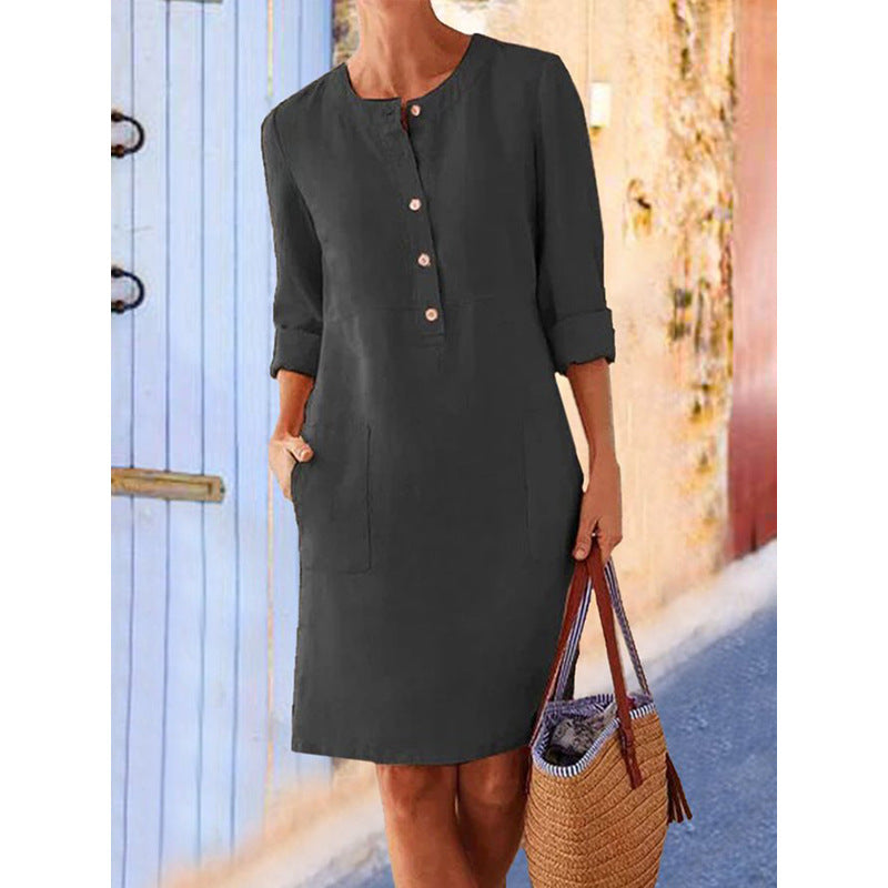 2026 Cross-Border Spring New Aliexpress Big Size Women'S Clothing Cotton And Line Round Neck Long Sleeve Dress