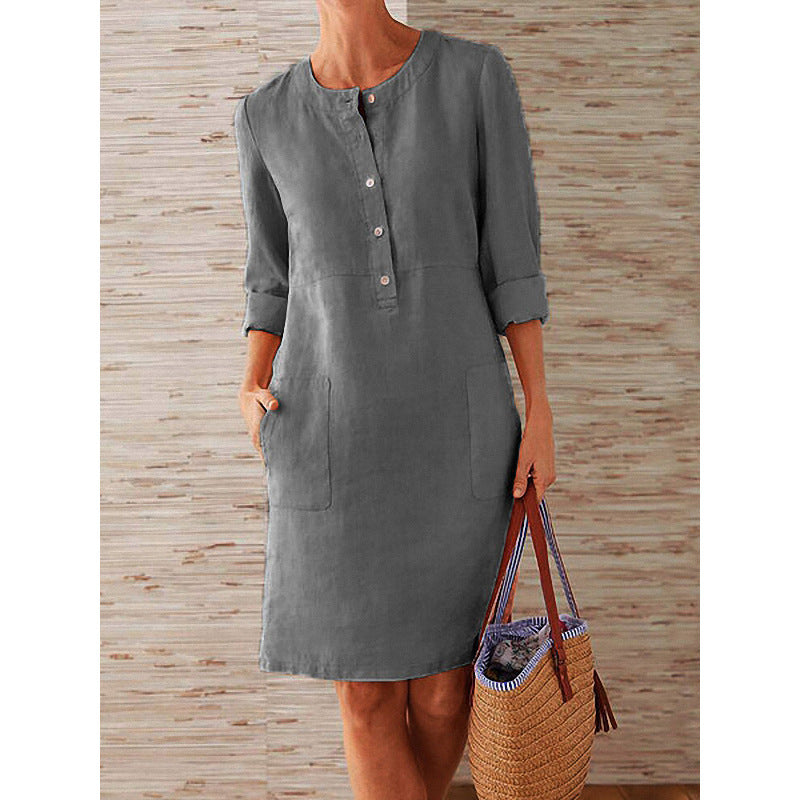 2026 Cross-Border Spring New Aliexpress Big Size Women'S Clothing Cotton And Line Round Neck Long Sleeve Dress