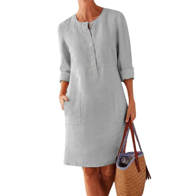 2026 Cross-Border Spring New Aliexpress Big Size Women'S Clothing Cotton And Line Round Neck Long Sleeve Dress