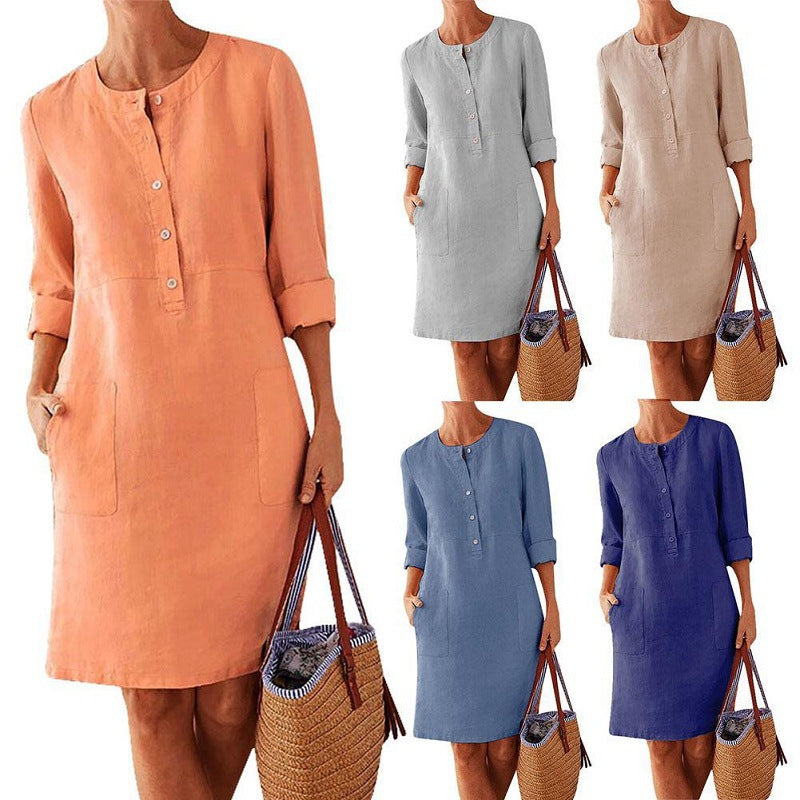 2026 Cross-Border Spring New Aliexpress Big Size Women'S Clothing Cotton And Line Round Neck Long Sleeve Dress
