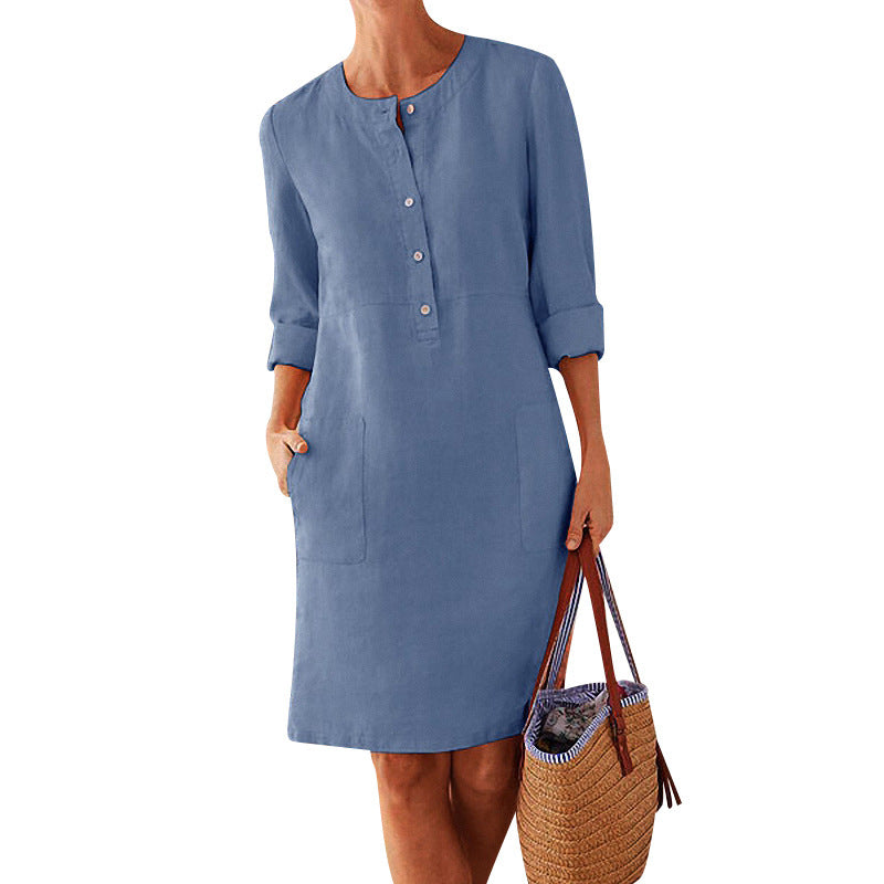2026 Cross-Border Spring New Aliexpress Big Size Women'S Clothing Cotton And Line Round Neck Long Sleeve Dress