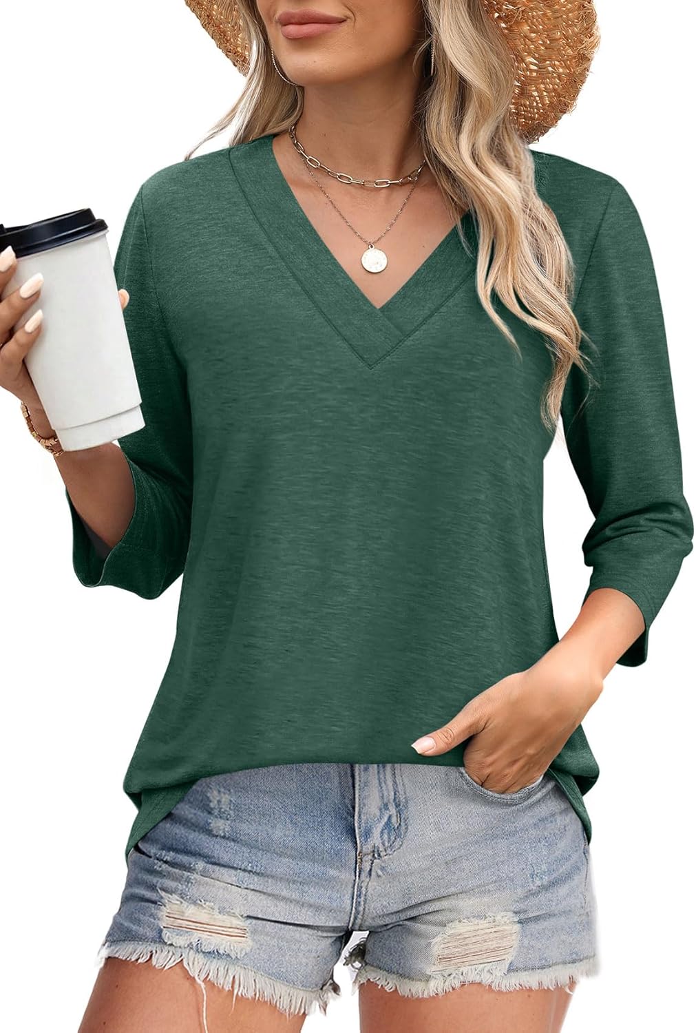 Women's V Neck 3/4 Long Sleeve  Loose Fit  Tops