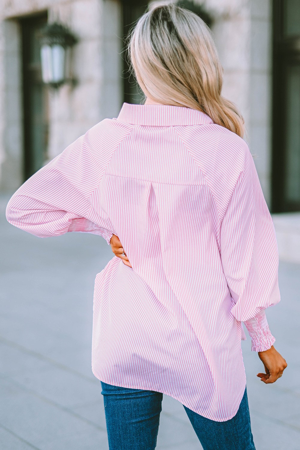 Mid-length smocked shirt with striped lapel and oversized drawdown sleeves