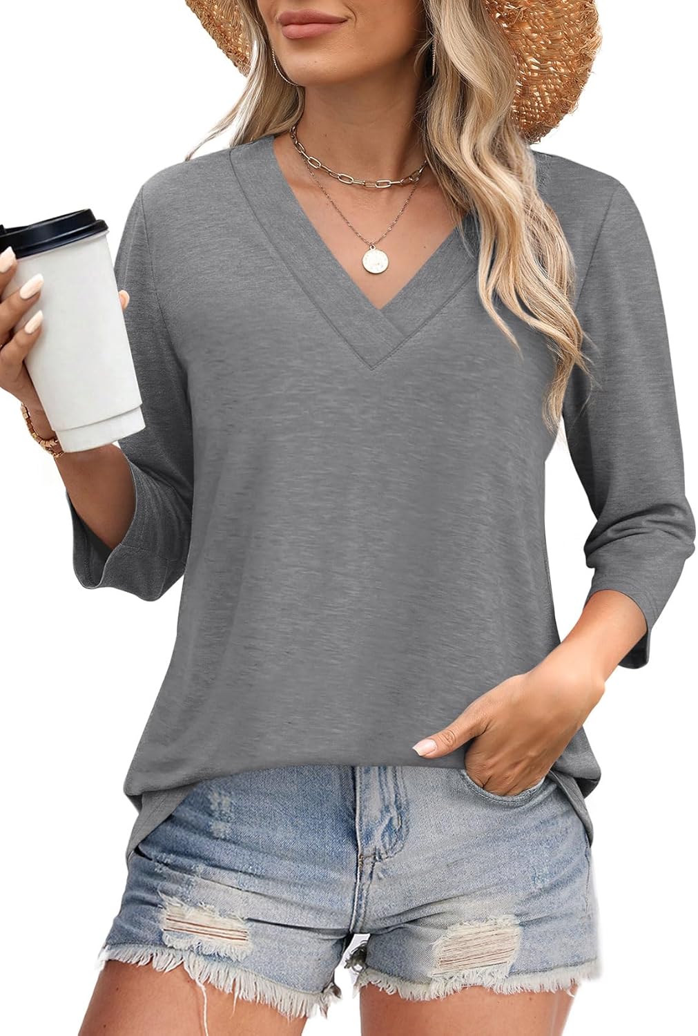 Women's V Neck 3/4 Long Sleeve  Loose Fit  Tops