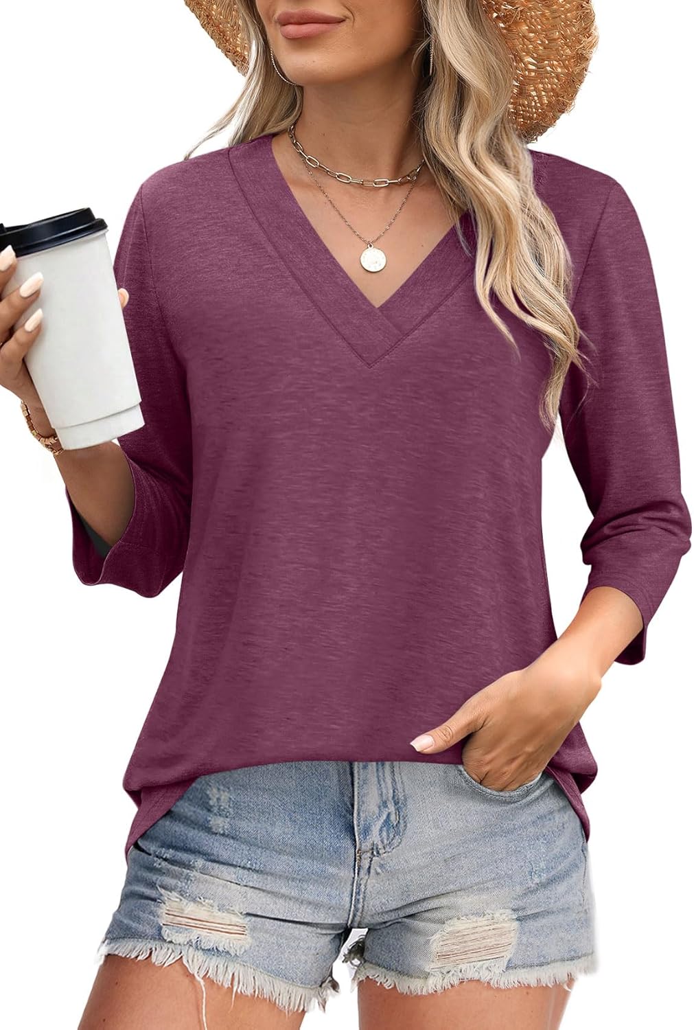 Women's V Neck 3/4 Long Sleeve  Loose Fit  Tops