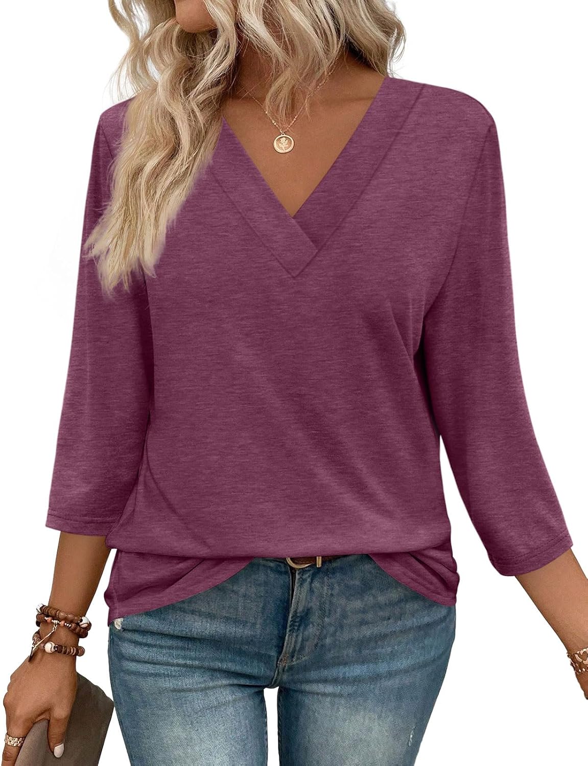 Women's V Neck 3/4 Long Sleeve  Loose Fit  Tops