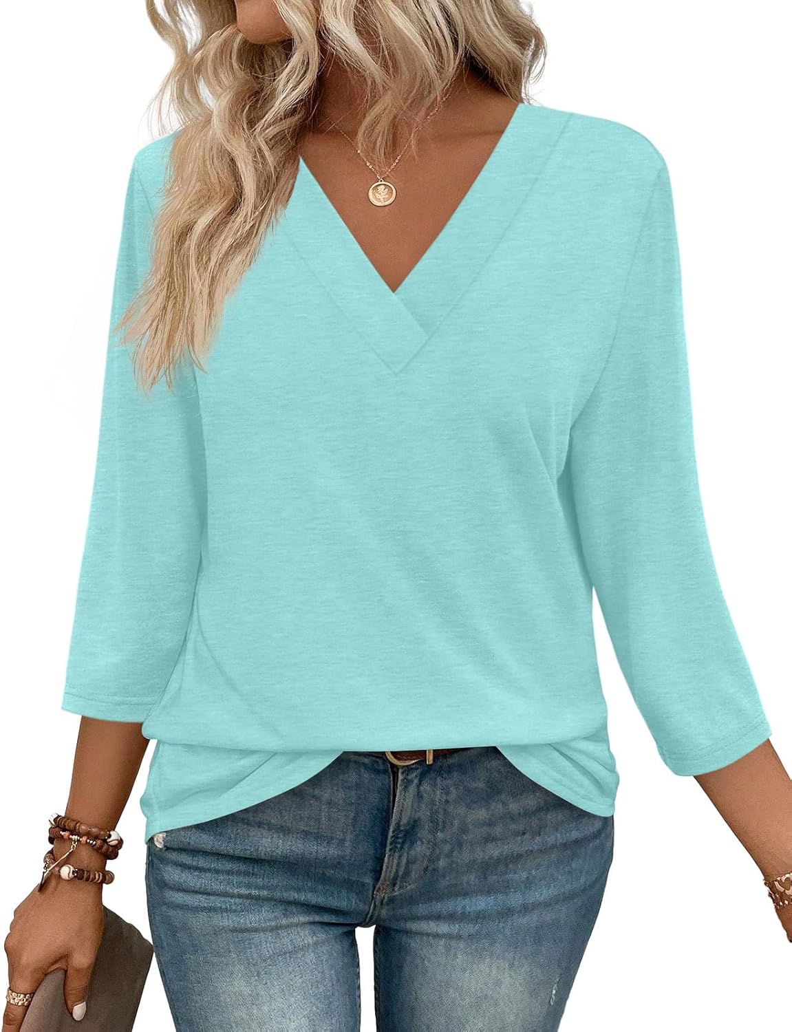 Women's V Neck 3/4 Long Sleeve  Loose Fit  Tops