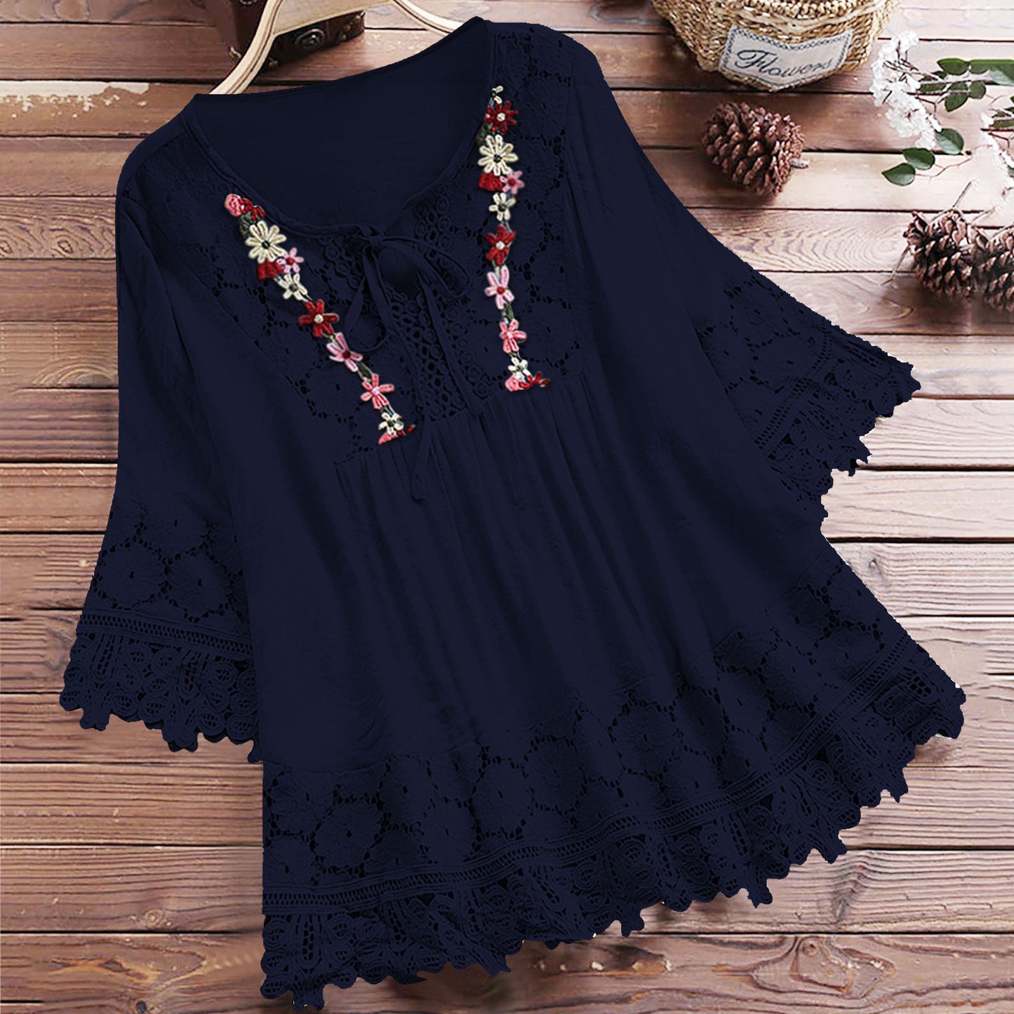 Women's Blouses Loose Belted Lace 3/4 Sleeves Blouse