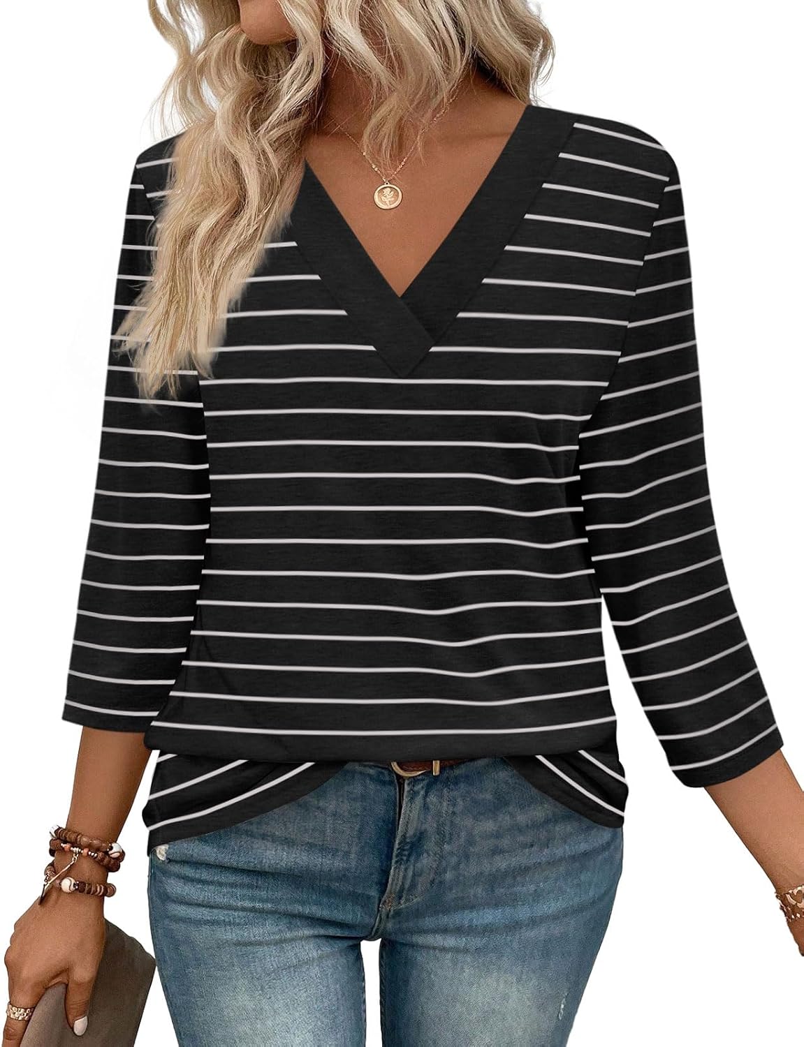 Women's V Neck 3/4 Long Sleeve  Loose Fit  Tops