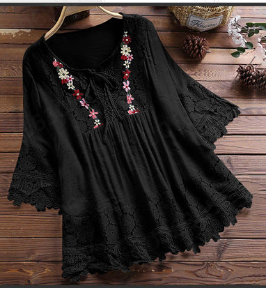 Women's Blouses Loose Belted Lace 3/4 Sleeves Blouse