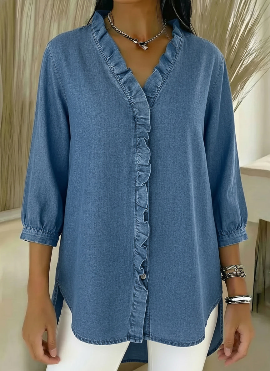 Women's Casual Denim V-Neck Ruffled Shirt