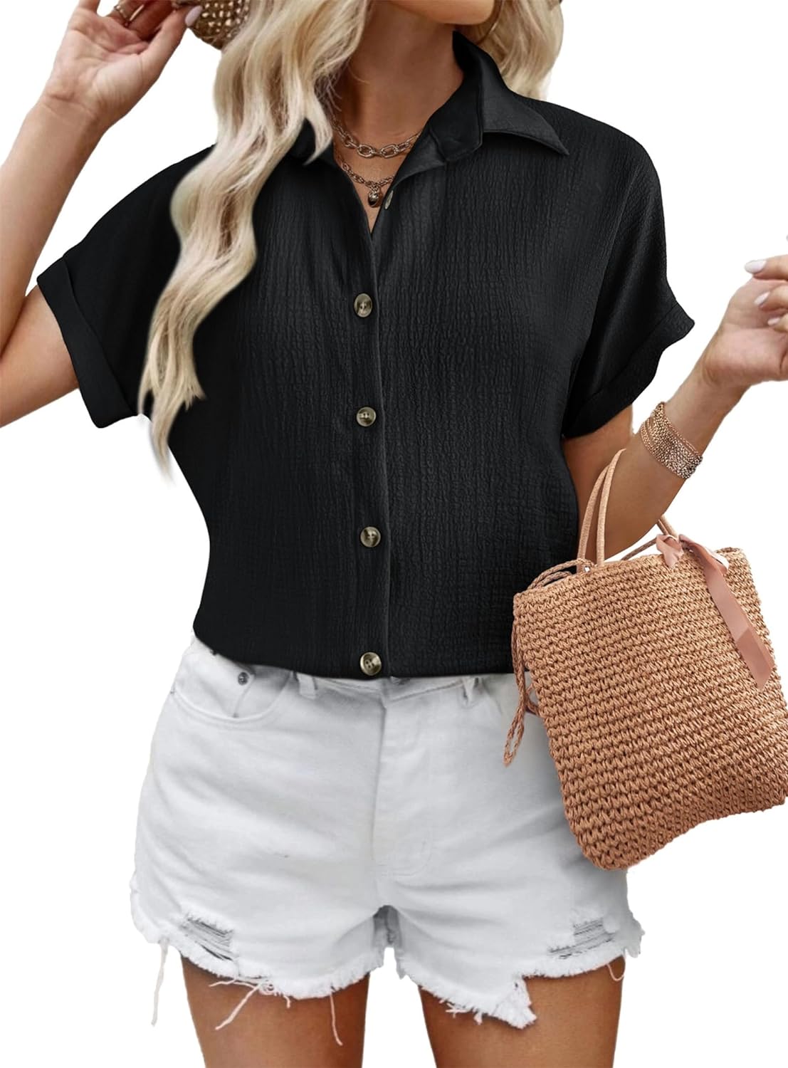 Zeagoo Short Sleeve Casual Roll-Up Cuffed Tops
