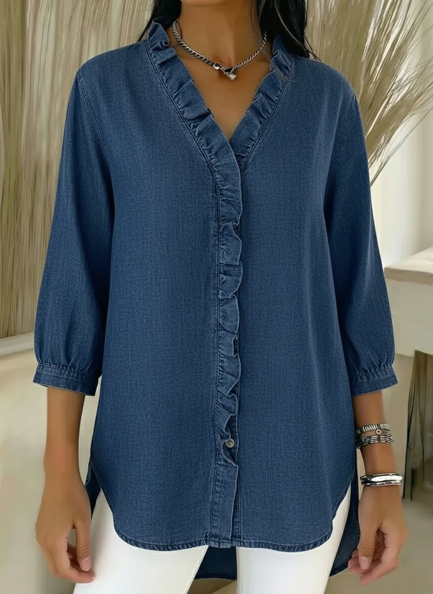 Women's Casual Denim V-Neck Ruffled Shirt