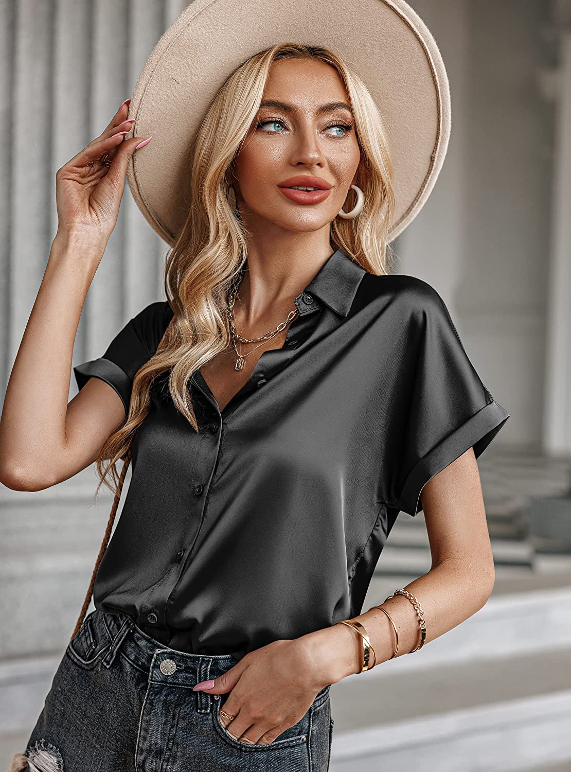 Silk Blouse for Women Short Sleeve Satin Button Down Shirts Casual Loose V-Neck Business Work Tunic Top - Zeagoo (Us Only)