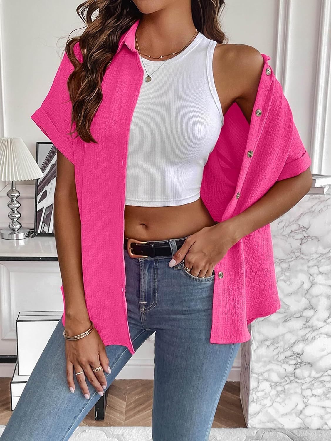 Zeagoo Short Sleeve Casual Roll-Up Cuffed Tops