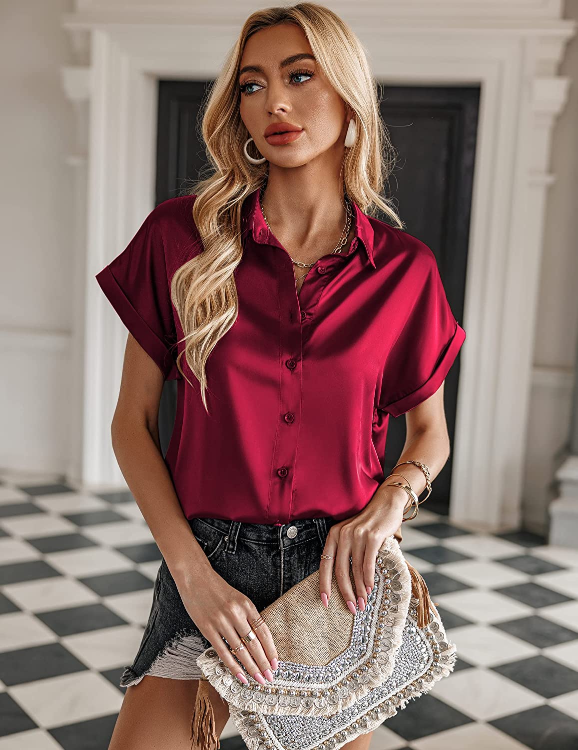 Silk Blouse for Women Short Sleeve Satin Button Down Shirts Casual Loose V-Neck Business Work Tunic Top - Zeagoo (Us Only)