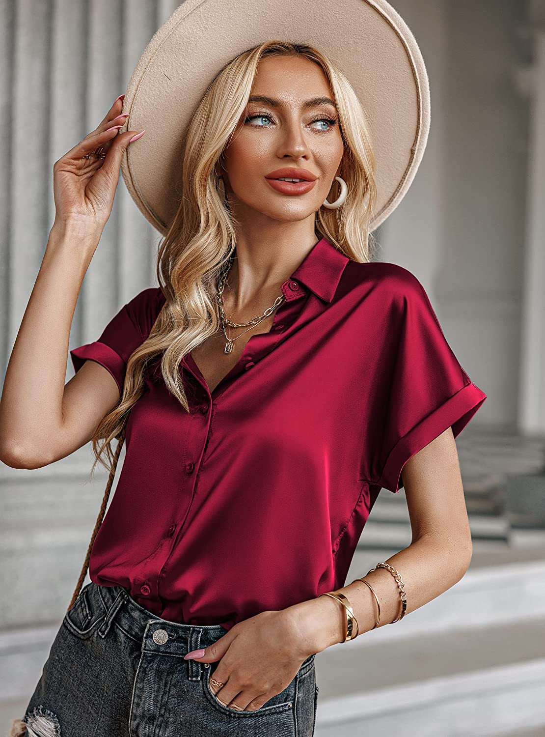 Silk Blouse for Women Short Sleeve Satin Button Down Shirts Casual Loose V-Neck Business Work Tunic Top - Zeagoo (Us Only)