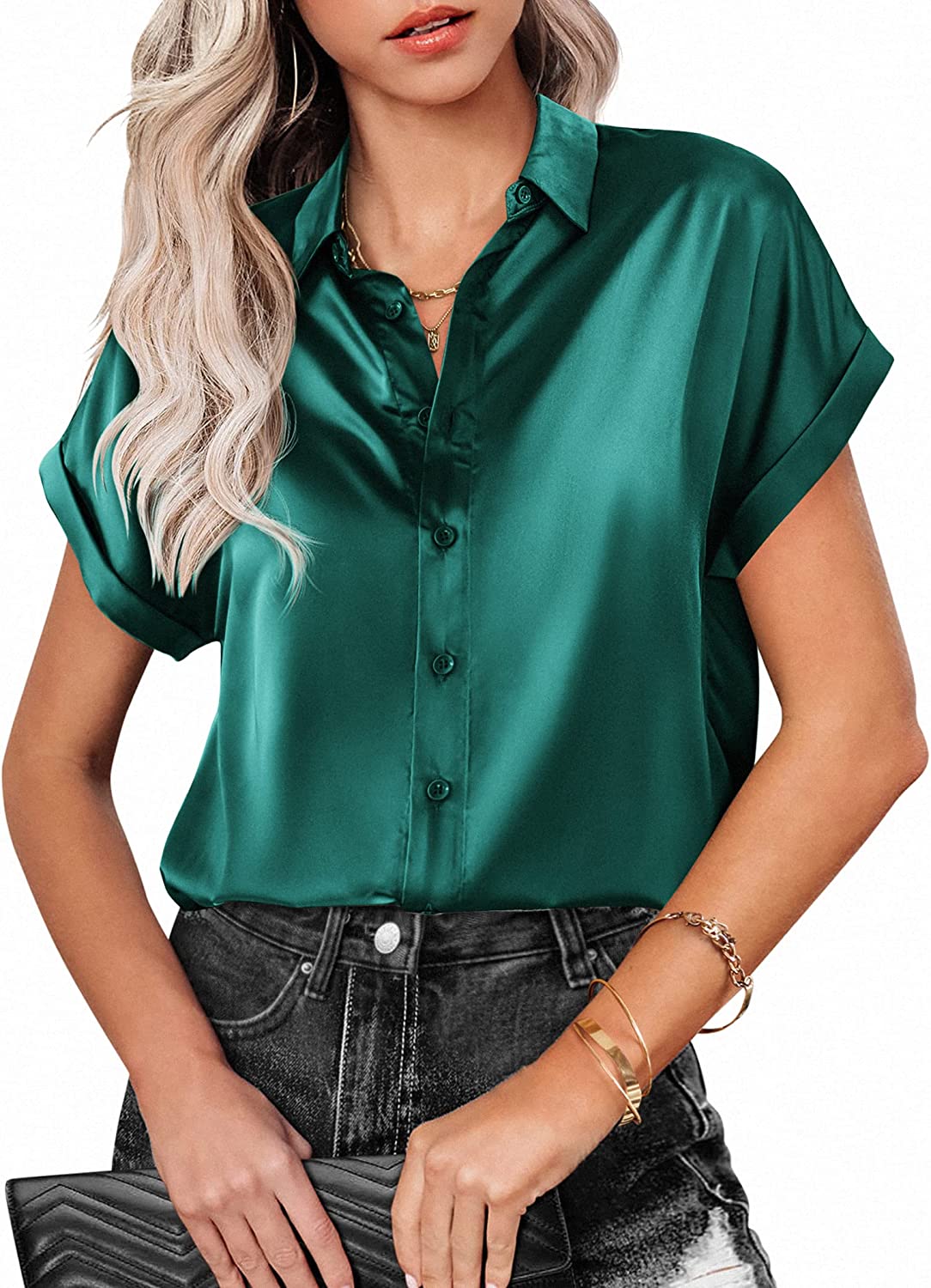 Silk Blouse for Women Short Sleeve Satin Button Down Shirts Casual Loose V-Neck Business Work Tunic Top - Zeagoo (Us Only)