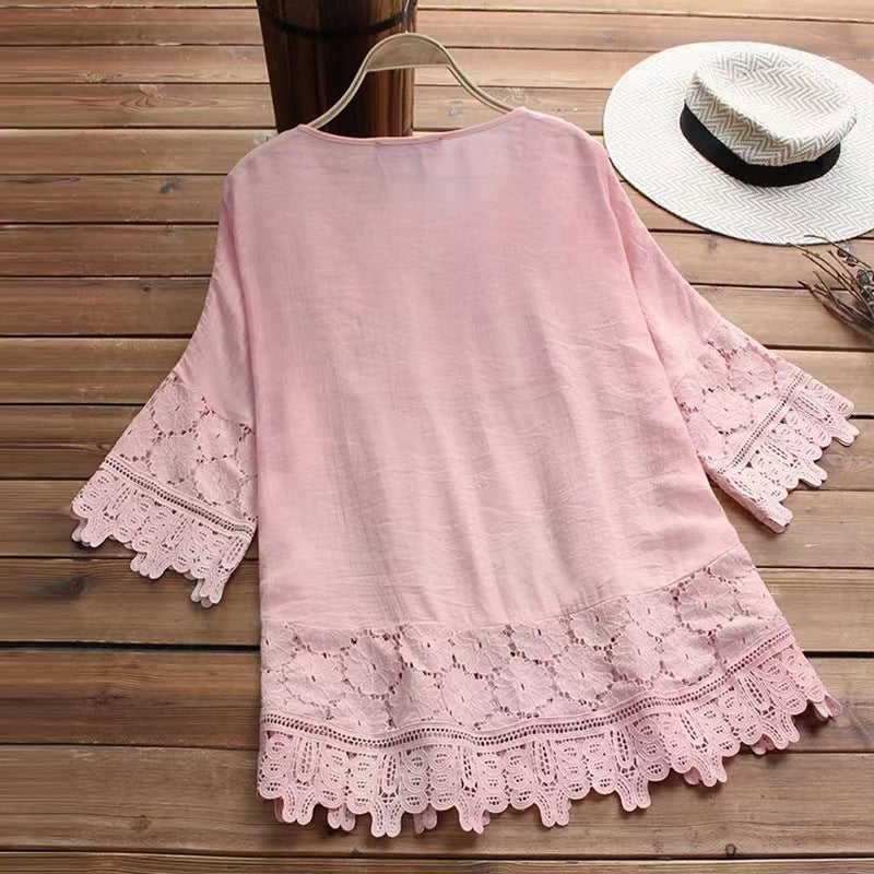 Women's Blouses Loose Belted Lace 3/4 Sleeves Blouse