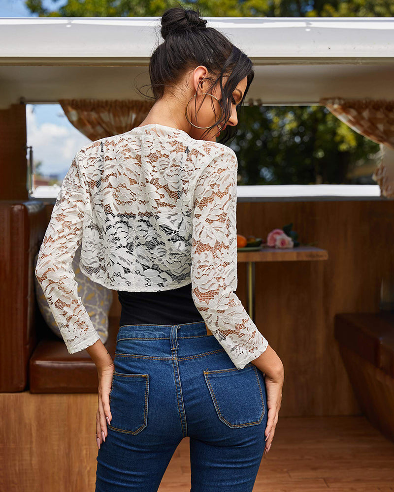 Women's 3 4 Sleeve Bolero Shrugs Crochet Lace Open Cardigan - Zeagoo (Us Only)