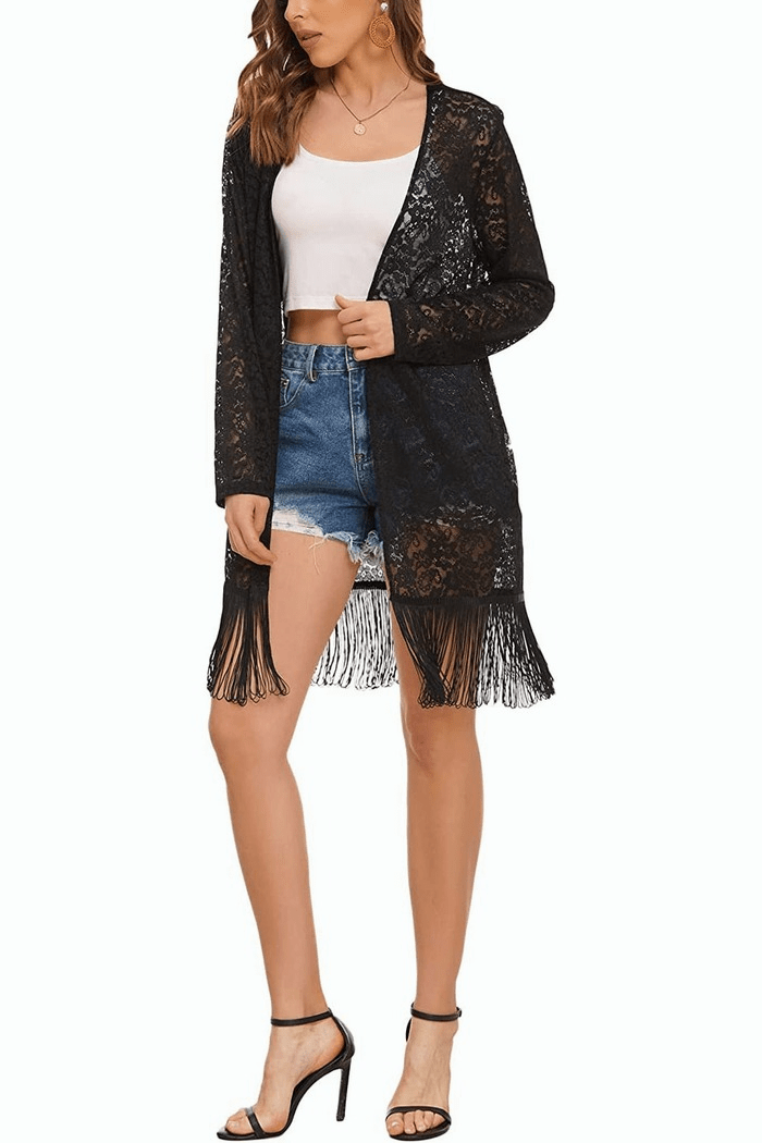 Lace Cover Up Tassel Sheer Cardigan - Zeagoo (Us Only)