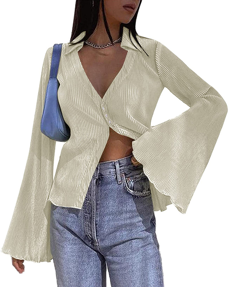Women's Deep V Neck Shirt Button Front Blouse Bell Long Sleeve Tops - Zeagoo (Us Only)