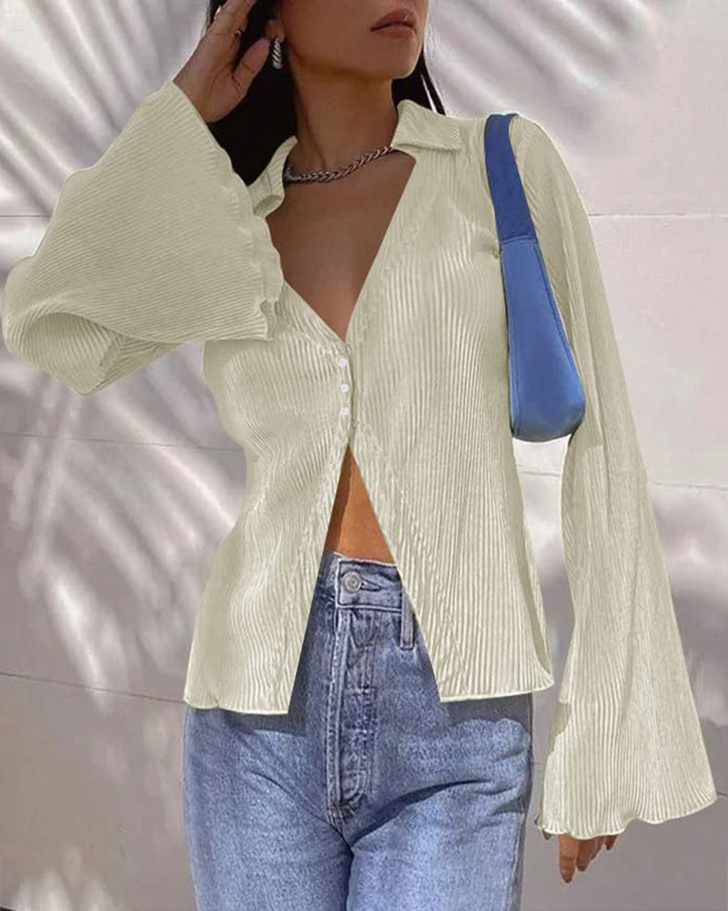 Women's Deep V Neck Shirt Button Front Blouse Bell Long Sleeve Tops - Zeagoo (Us Only)