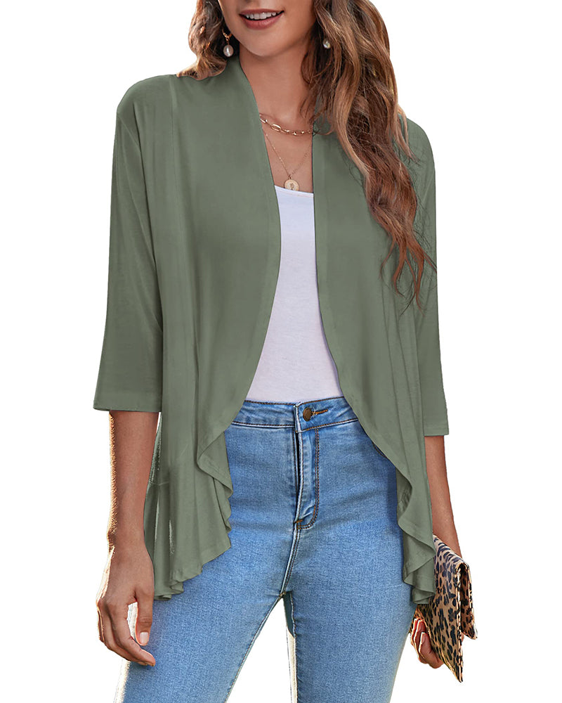 Women's Open Front Cardigan 3/4 Sleeve Draped Ruffles Soft Knit Sweaters - Zeagoo (Us Only)