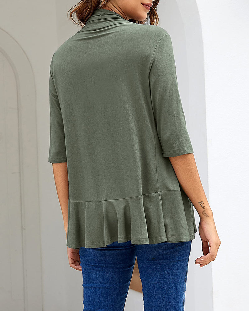 Women's Open Front Cardigan 3/4 Sleeve Draped Ruffles Soft Knit Sweaters - Zeagoo (Us Only)