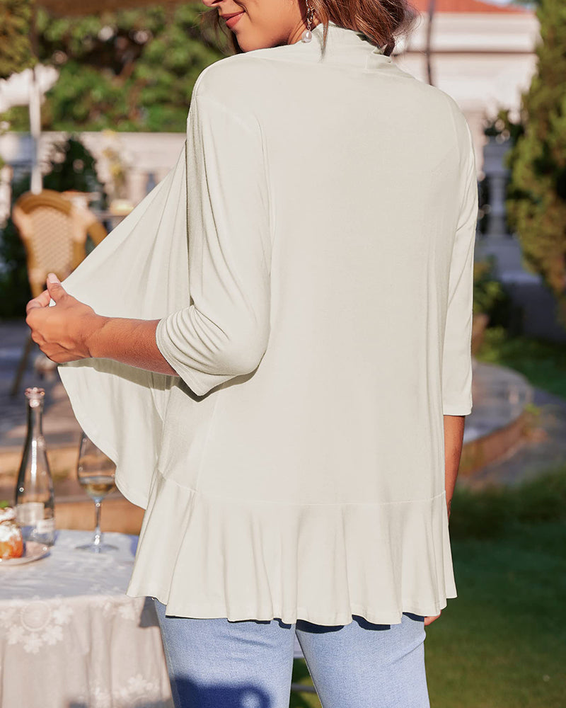 Women's Open Front Cardigan 3/4 Sleeve Draped Ruffles Soft Knit Sweaters - Zeagoo (Us Only)
