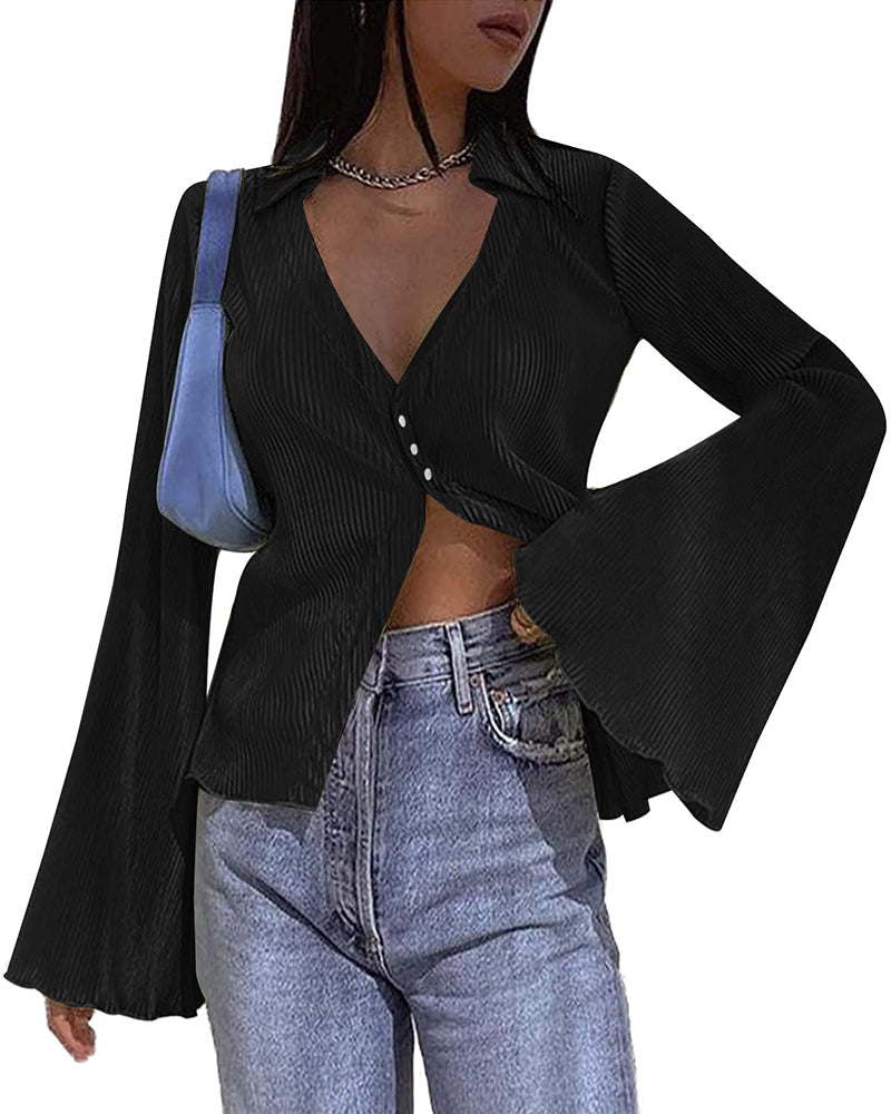 Women's Deep V Neck Shirt Button Front Blouse Bell Long Sleeve Tops - Zeagoo (Us Only)
